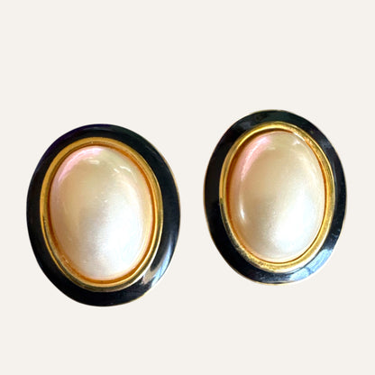 Vintage Carolee Faux Pearl & Black Enamel Oval Post Back Earrings
