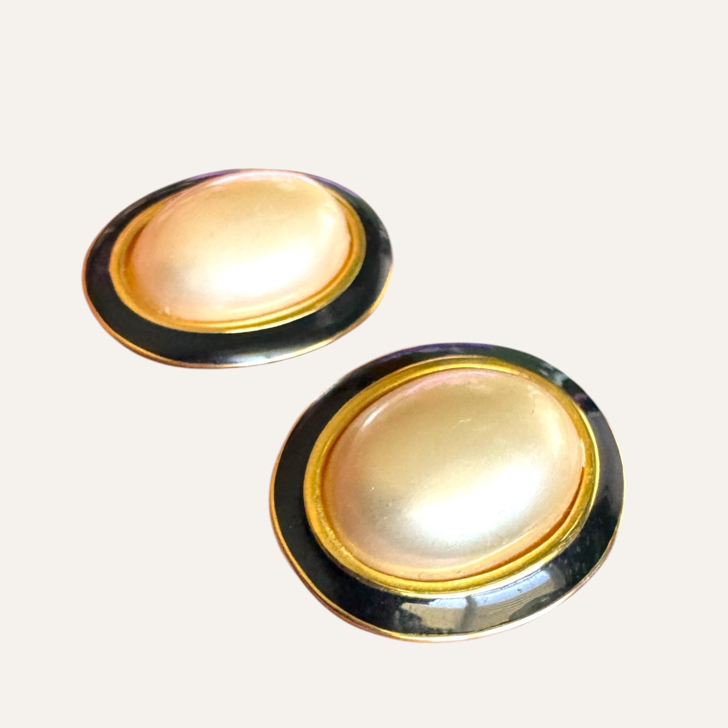 Vintage Carolee Faux Pearl & Black Enamel Oval Post Back Earrings