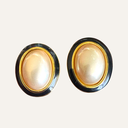Vintage CAROLEE Faux Pearl & Black Enamel Oval Clip-On Earrings