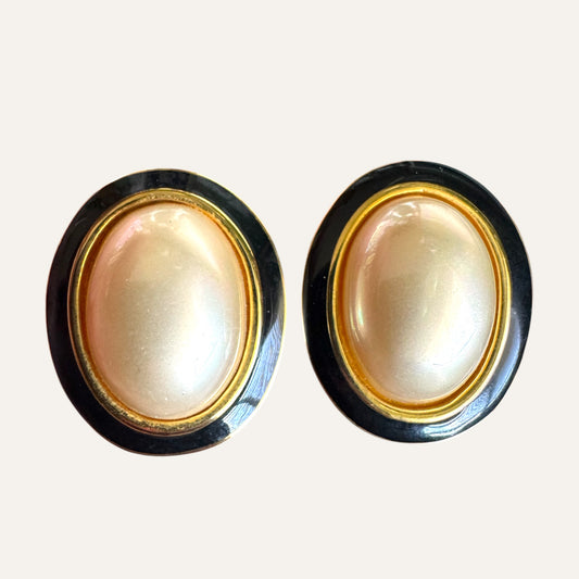 Vintage Carolee Faux Pearl & Black Enamel Oval Post Back Earrings