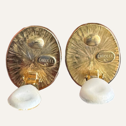 Vintage CAROLEE Faux Pearl & Black Enamel Oval Clip-On Earrings