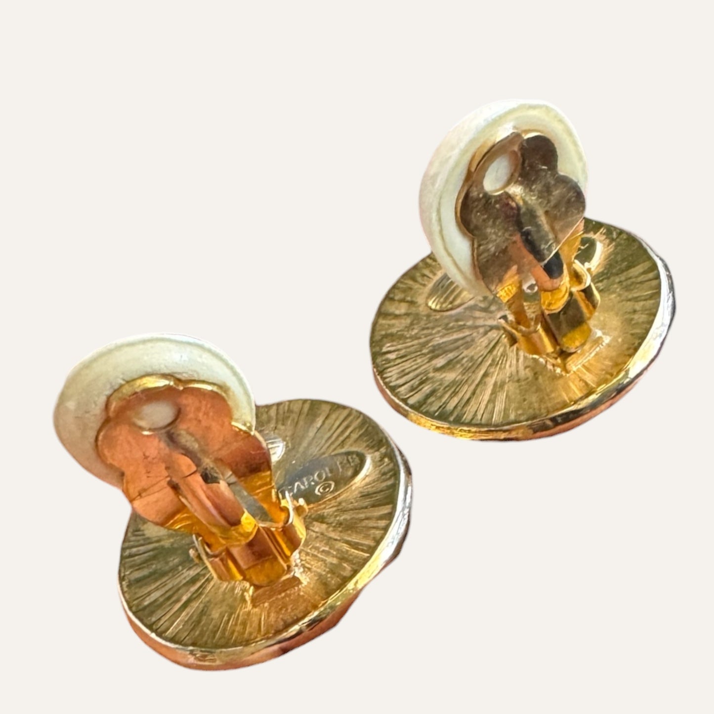 Vintage CAROLEE Faux Pearl & Black Enamel Oval Clip-On Earrings