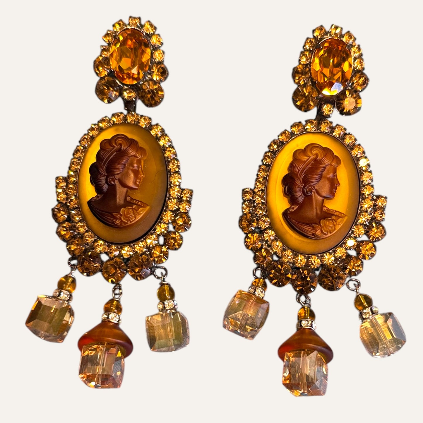 Signed Lawrence Vrba Amber Cameo Statement Earrings