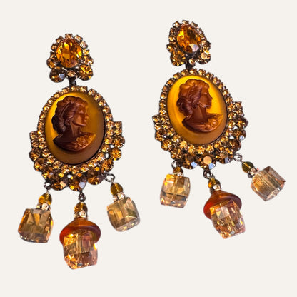 Signed Lawrence Vrba Amber Cameo Statement Earrings
