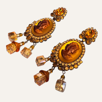 Signed Lawrence Vrba Amber Cameo Statement Earrings
