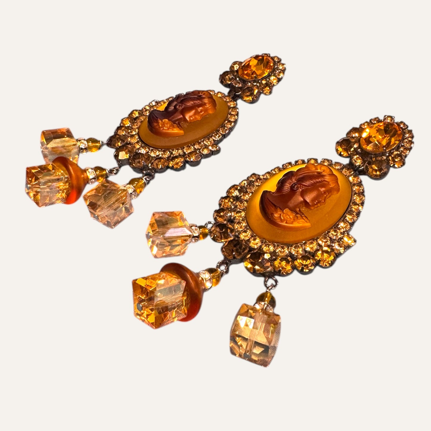 Signed Lawrence Vrba Amber Cameo Statement Earrings