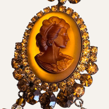 Signed Lawrence Vrba Amber Cameo Statement Earrings