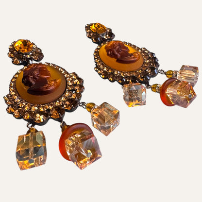 Signed Lawrence Vrba Amber Cameo Statement Earrings