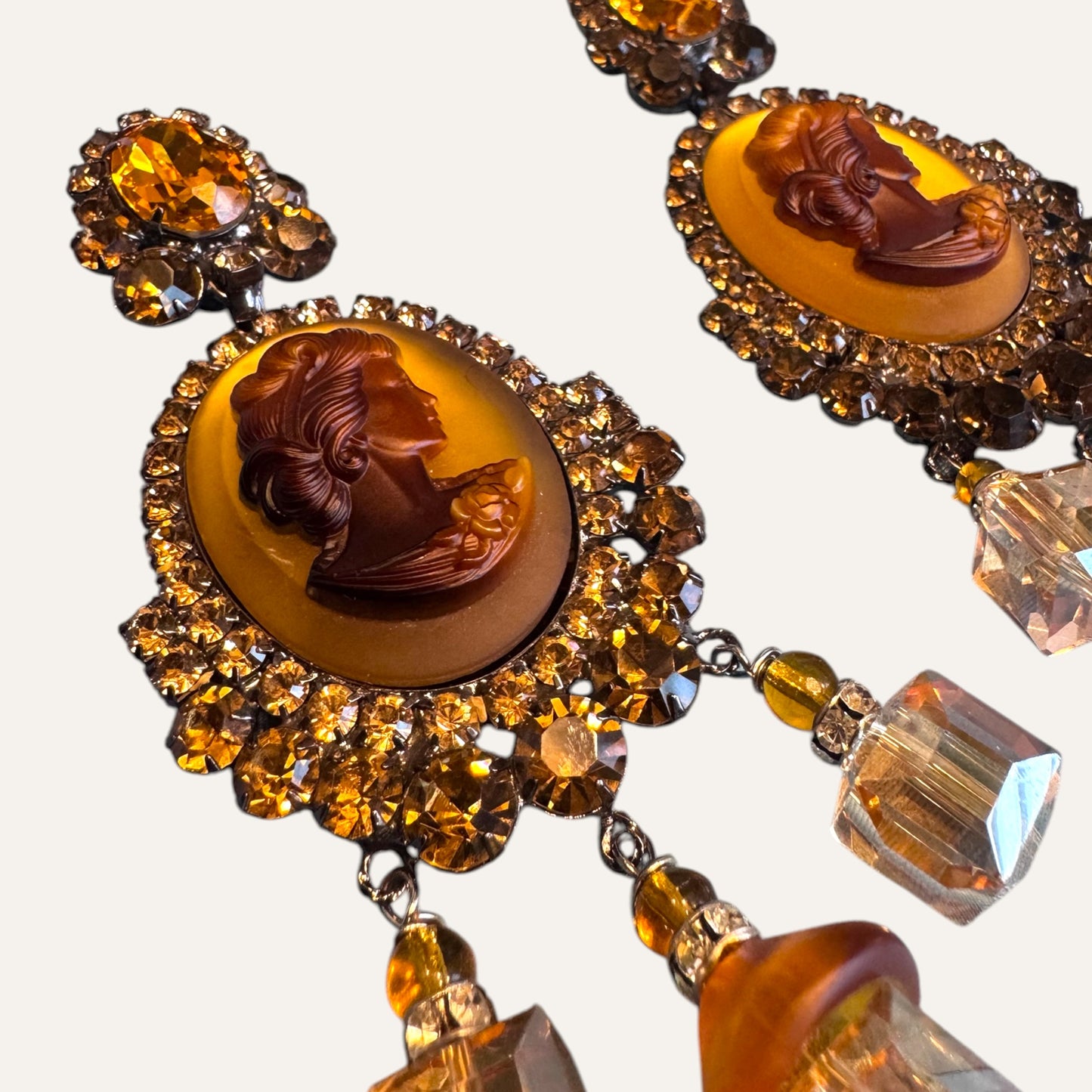 Signed Lawrence Vrba Amber Cameo Statement Earrings