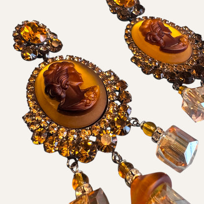 Signed Lawrence Vrba Amber Cameo Statement Earrings