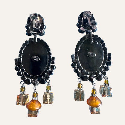 Signed Lawrence Vrba Amber Cameo Statement Earrings