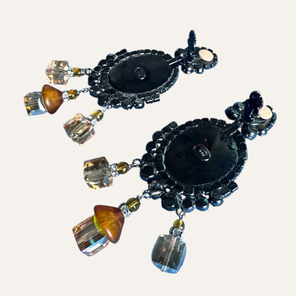 Signed Lawrence Vrba Amber Cameo Statement Earrings