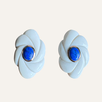Carved Bone & Lapis Lazuli Floral Clip-On Earrings – 14K Gold Bezel (585)