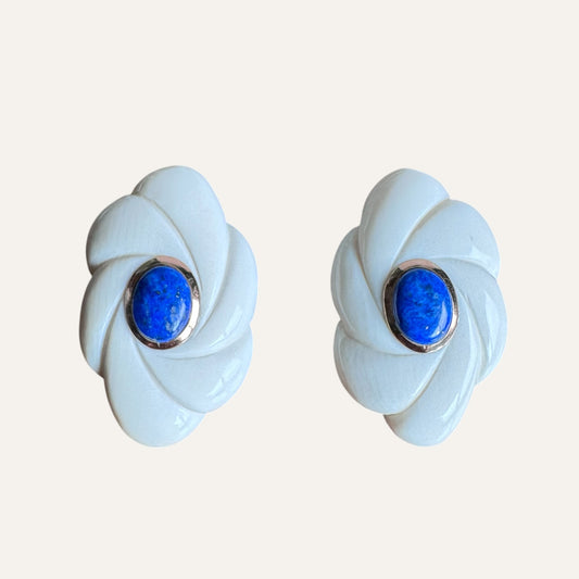 Carved Bone & Lapis Lazuli Floral Clip-On Earrings – 14K Gold Bezel (585)