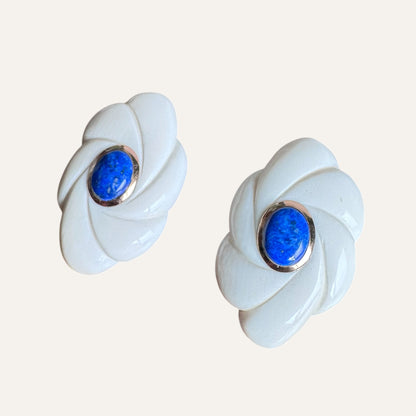 Carved Bone & Lapis Lazuli Floral Clip-On Earrings – 14K Gold Bezel (585)