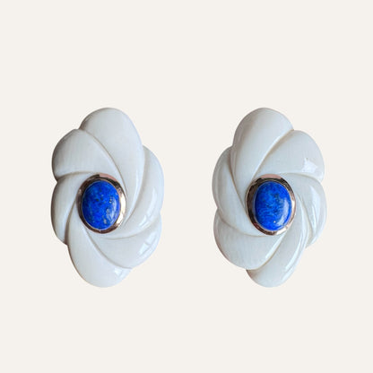 Carved Bone & Lapis Lazuli Floral Clip-On Earrings – 14K Gold Bezel (585)
