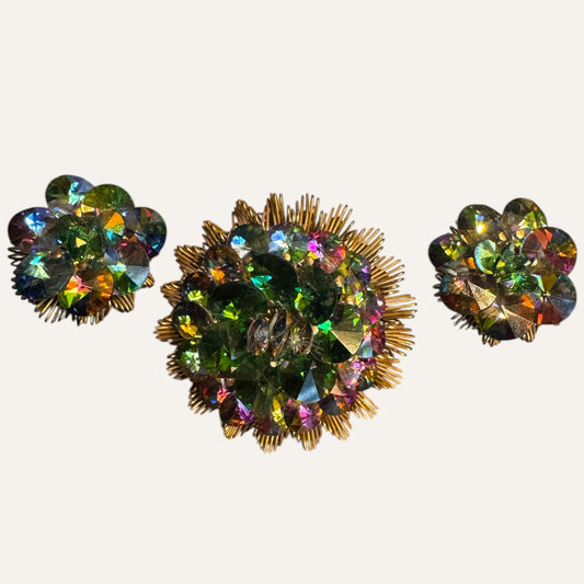 Vintage Signed Alice Caviness Watermelon Rivoli Starburst Brooch & Earrings