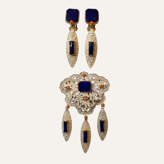 Signed Alice Caviness Filigree Brooch & Earrings Set | Cobalt Glass & Coral | 1950s Couture Demi-Parure