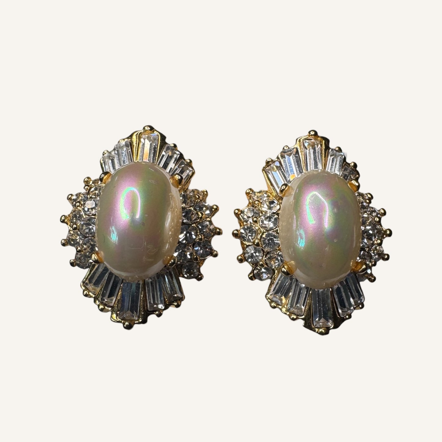 Vintage Iridescent Pearl Cabochon & Baguette Rhinestone Clip-On Earrings