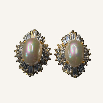 Vintage Iridescent Pearl Cabochon & Baguette Rhinestone Clip-On Earrings
