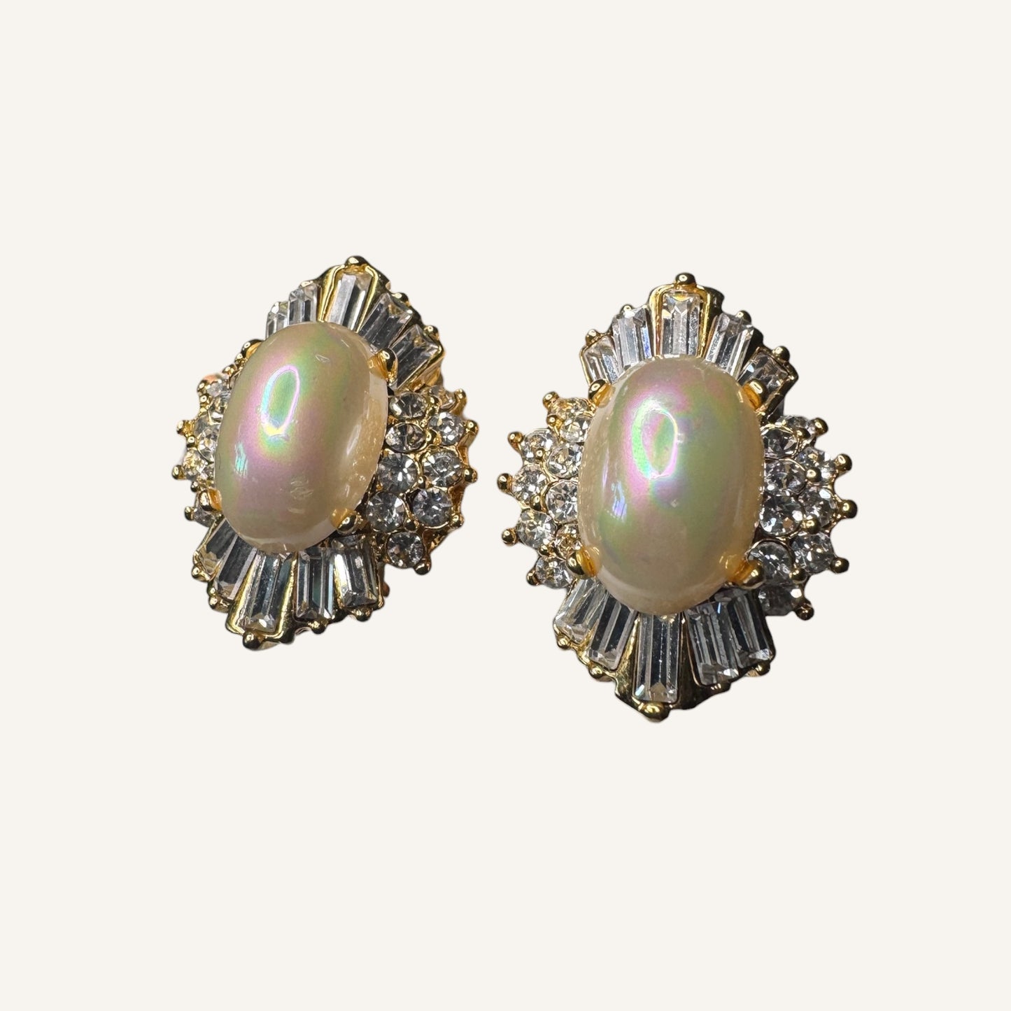 Vintage Iridescent Pearl Cabochon & Baguette Rhinestone Clip-On Earrings