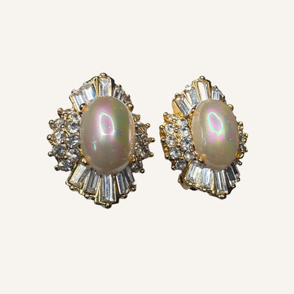 Vintage Iridescent Pearl Cabochon & Baguette Rhinestone Clip-On Earrings