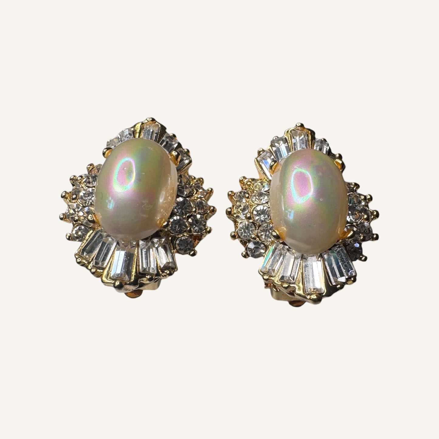 Vintage Iridescent Pearl Cabochon & Baguette Rhinestone Clip-On Earrings