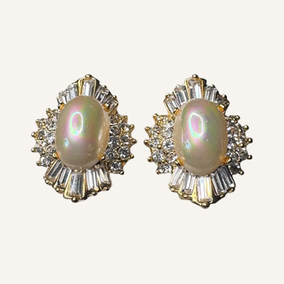 Vintage Iridescent Pearl Cabochon & Baguette Rhinestone Clip-On Earrings