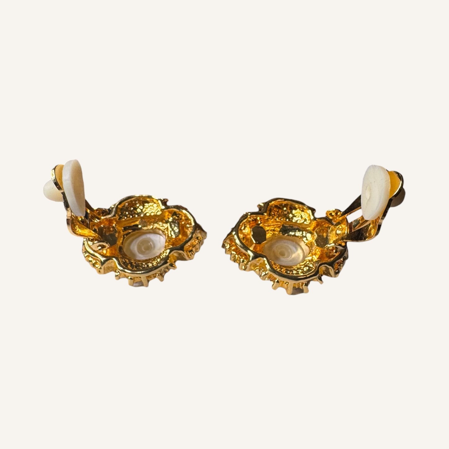 Vintage Iridescent Pearl Cabochon & Baguette Rhinestone Clip-On Earrings