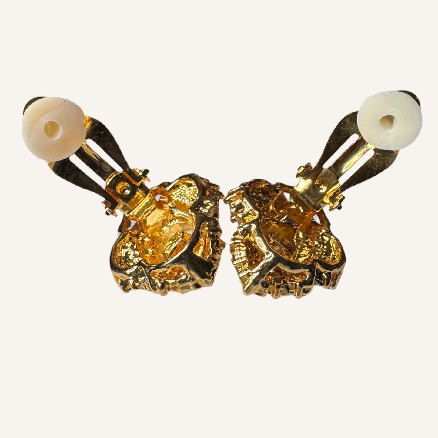 Vintage Iridescent Pearl Cabochon & Baguette Rhinestone Clip-On Earrings