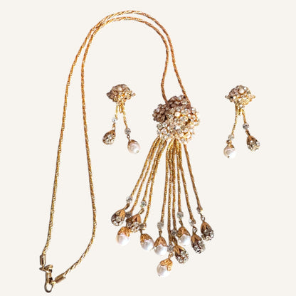 Vintage Foxtail Mesh Lariat Necklace & Drop Earring Set with Crystal Clusters & Pearl Dangles