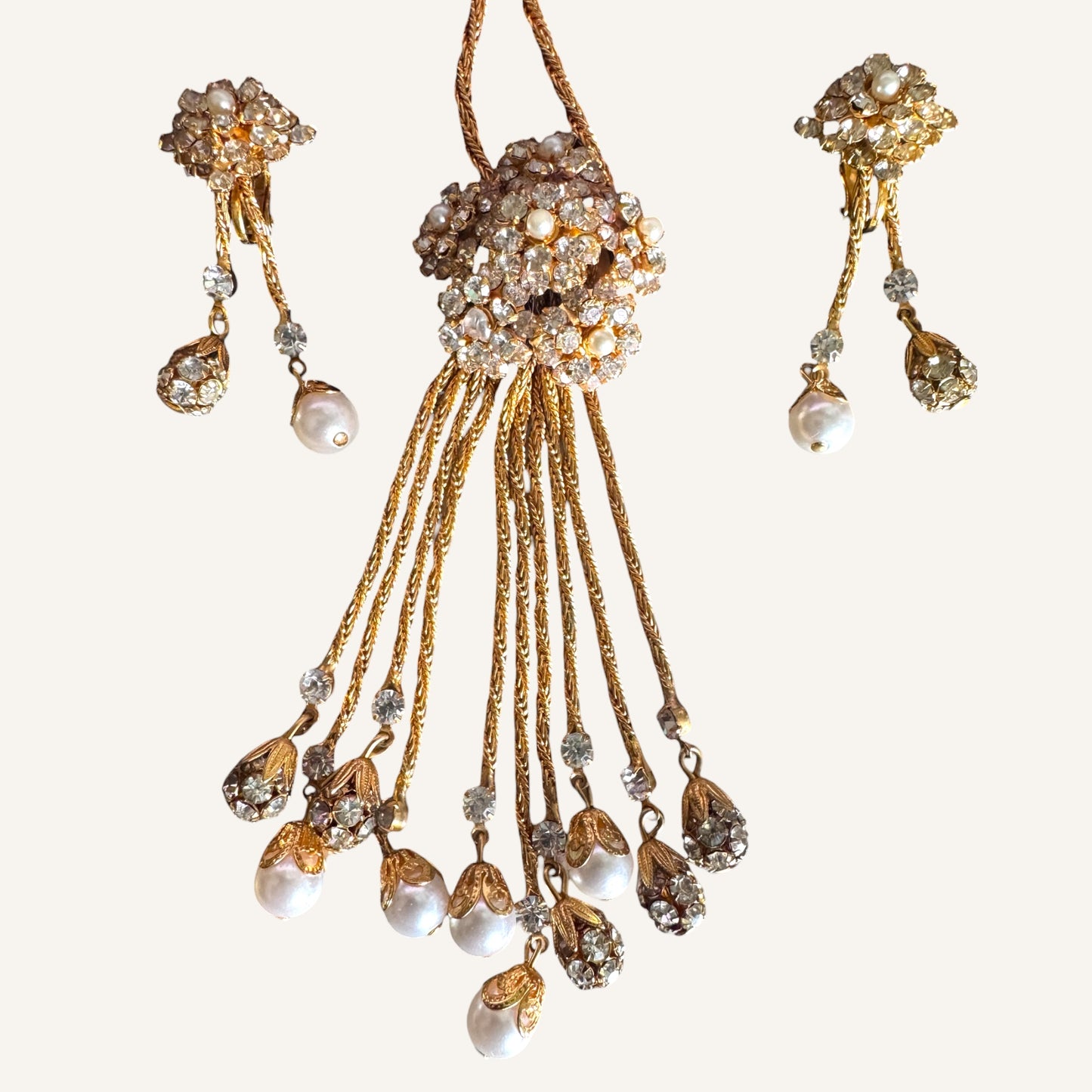 Vintage Foxtail Mesh Lariat Necklace & Drop Earring Set with Crystal Clusters & Pearl Dangles