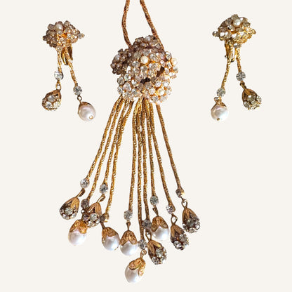 Vintage Foxtail Mesh Lariat Necklace & Drop Earring Set with Crystal Clusters & Pearl Dangles