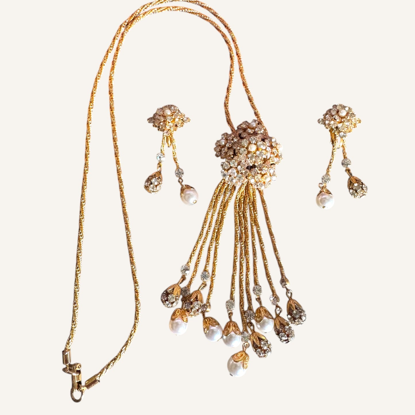 Vintage Foxtail Mesh Lariat Necklace & Drop Earring Set with Crystal Clusters & Pearl Dangles