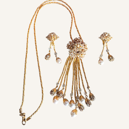 Vintage Foxtail Mesh Lariat Necklace & Drop Earring Set with Crystal Clusters & Pearl Dangles