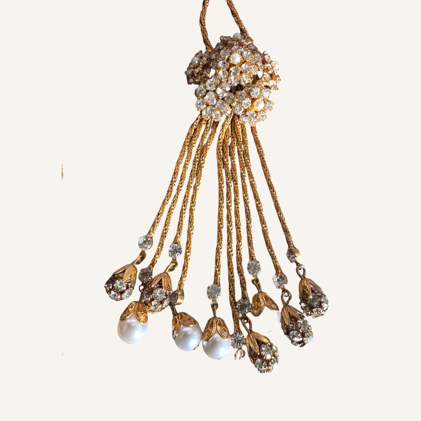 Vintage Foxtail Mesh Lariat Necklace & Drop Earring Set with Crystal Clusters & Pearl Dangles