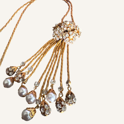 Vintage Foxtail Mesh Lariat Necklace & Drop Earring Set with Crystal Clusters & Pearl Dangles