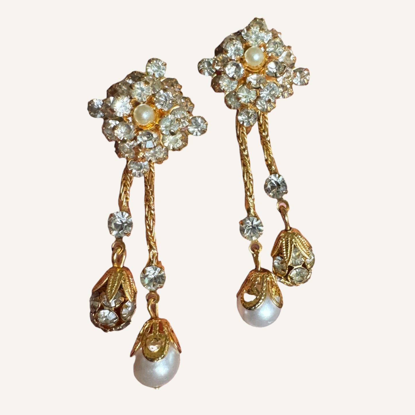 Vintage Foxtail Mesh Lariat Necklace & Drop Earring Set with Crystal Clusters & Pearl Dangles