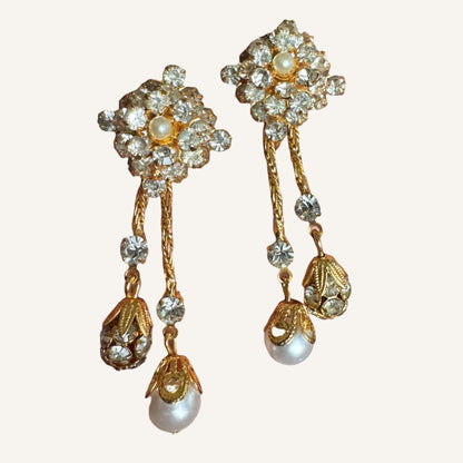 Vintage Foxtail Mesh Lariat Necklace & Drop Earring Set with Crystal Clusters & Pearl Dangles