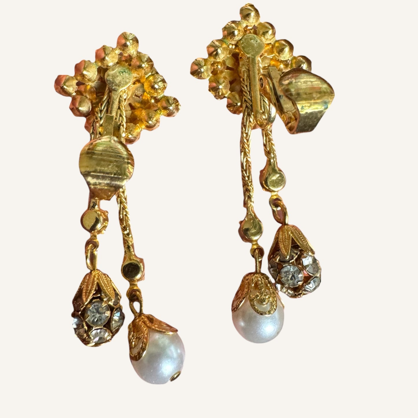 Vintage Foxtail Mesh Lariat Necklace & Drop Earring Set with Crystal Clusters & Pearl Dangles