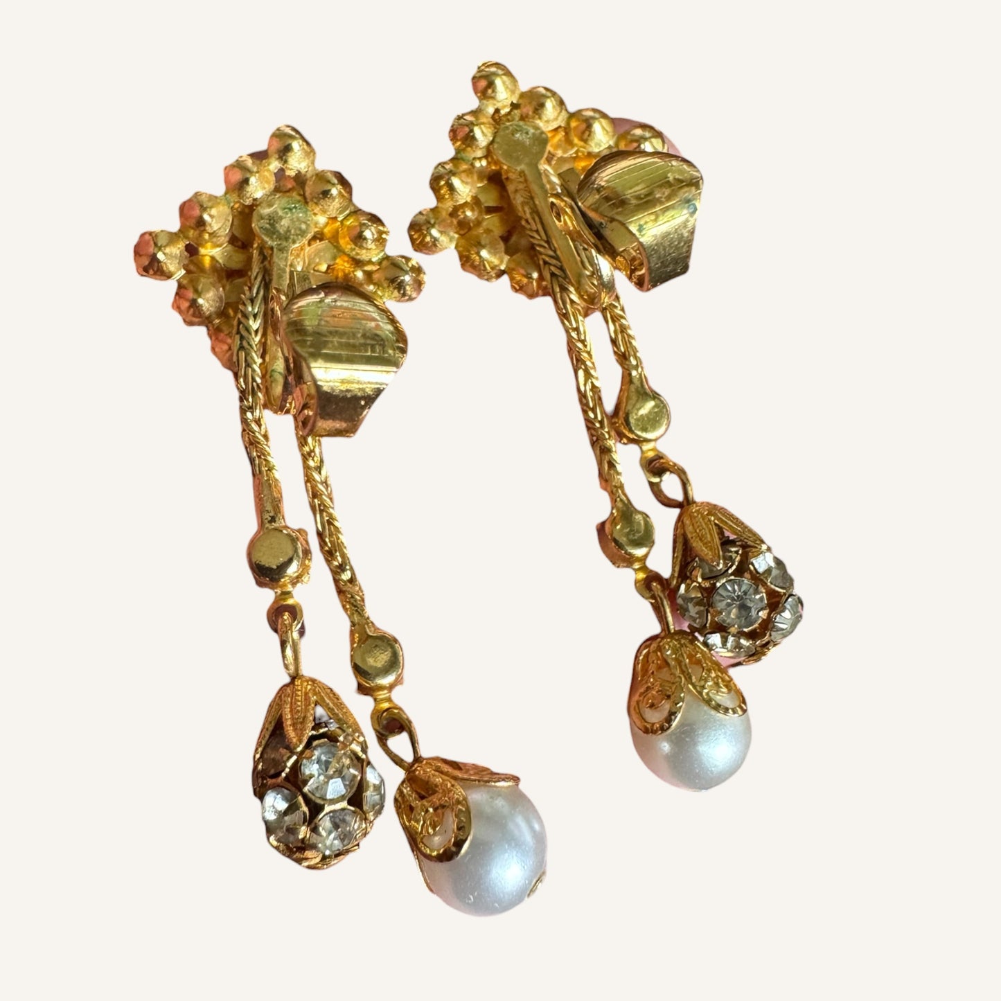 Vintage Foxtail Mesh Lariat Necklace & Drop Earring Set with Crystal Clusters & Pearl Dangles