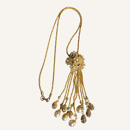 Vintage Foxtail Mesh Lariat Necklace & Drop Earring Set with Crystal Clusters & Pearl Dangles