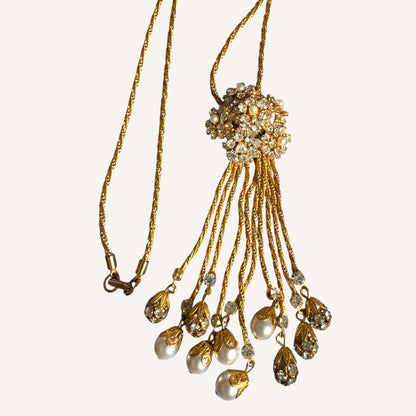 Vintage Foxtail Mesh Lariat Necklace & Drop Earring Set with Crystal Clusters & Pearl Dangles
