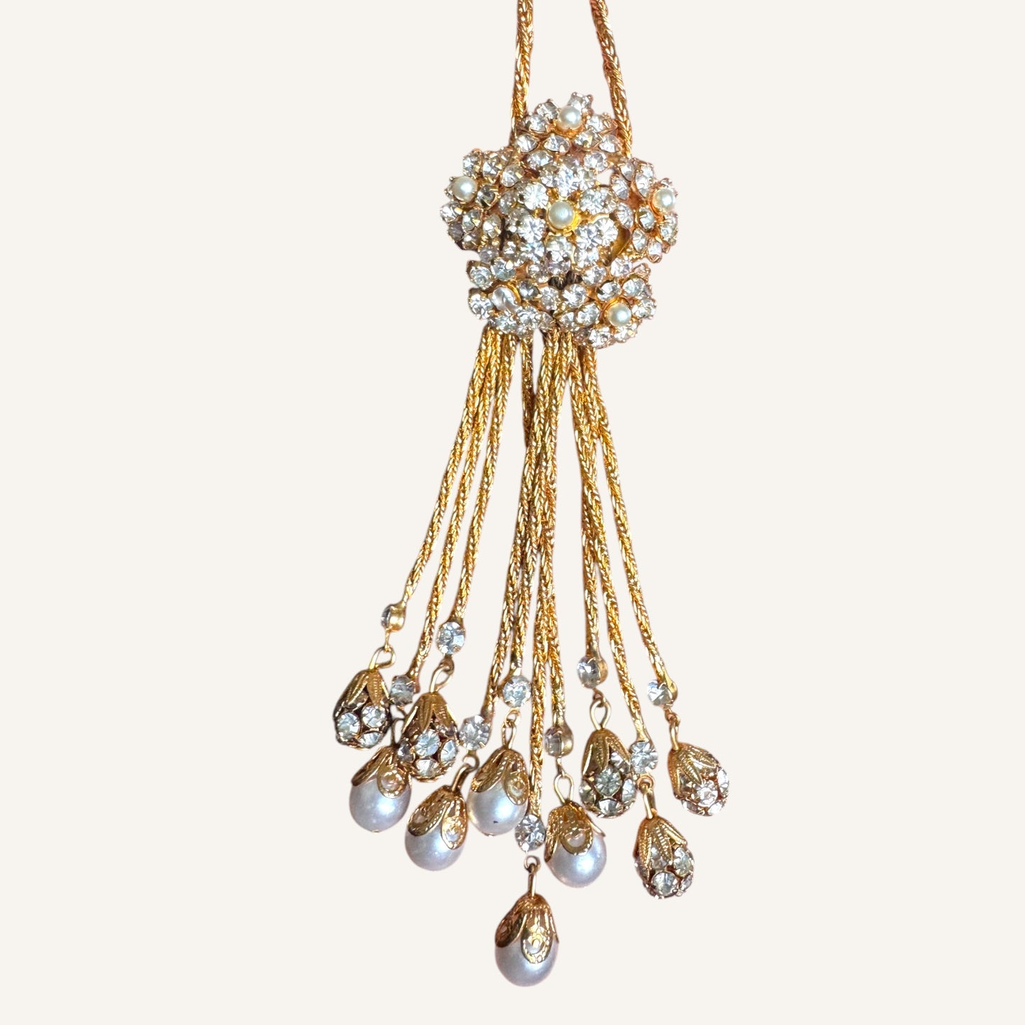 Vintage Foxtail Mesh Lariat Necklace & Drop Earring Set with Crystal Clusters & Pearl Dangles