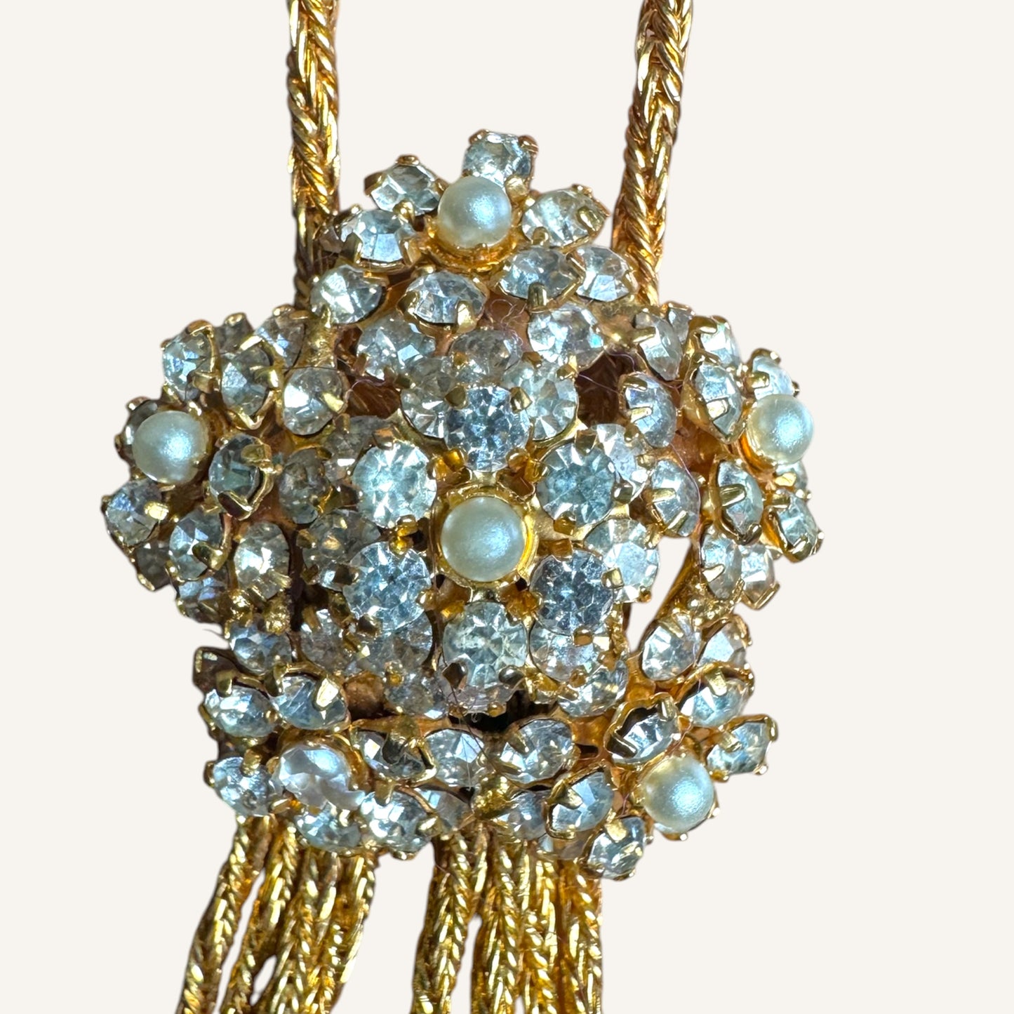 Vintage Foxtail Mesh Lariat Necklace & Drop Earring Set with Crystal Clusters & Pearl Dangles