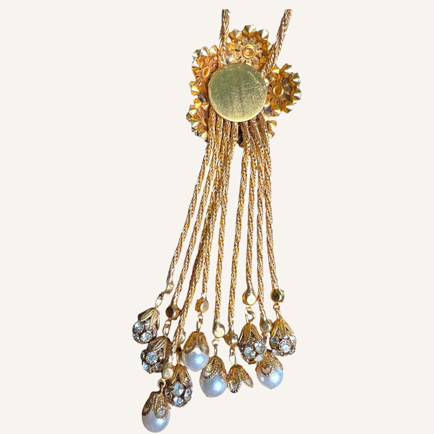 Vintage Foxtail Mesh Lariat Necklace & Drop Earring Set with Crystal Clusters & Pearl Dangles