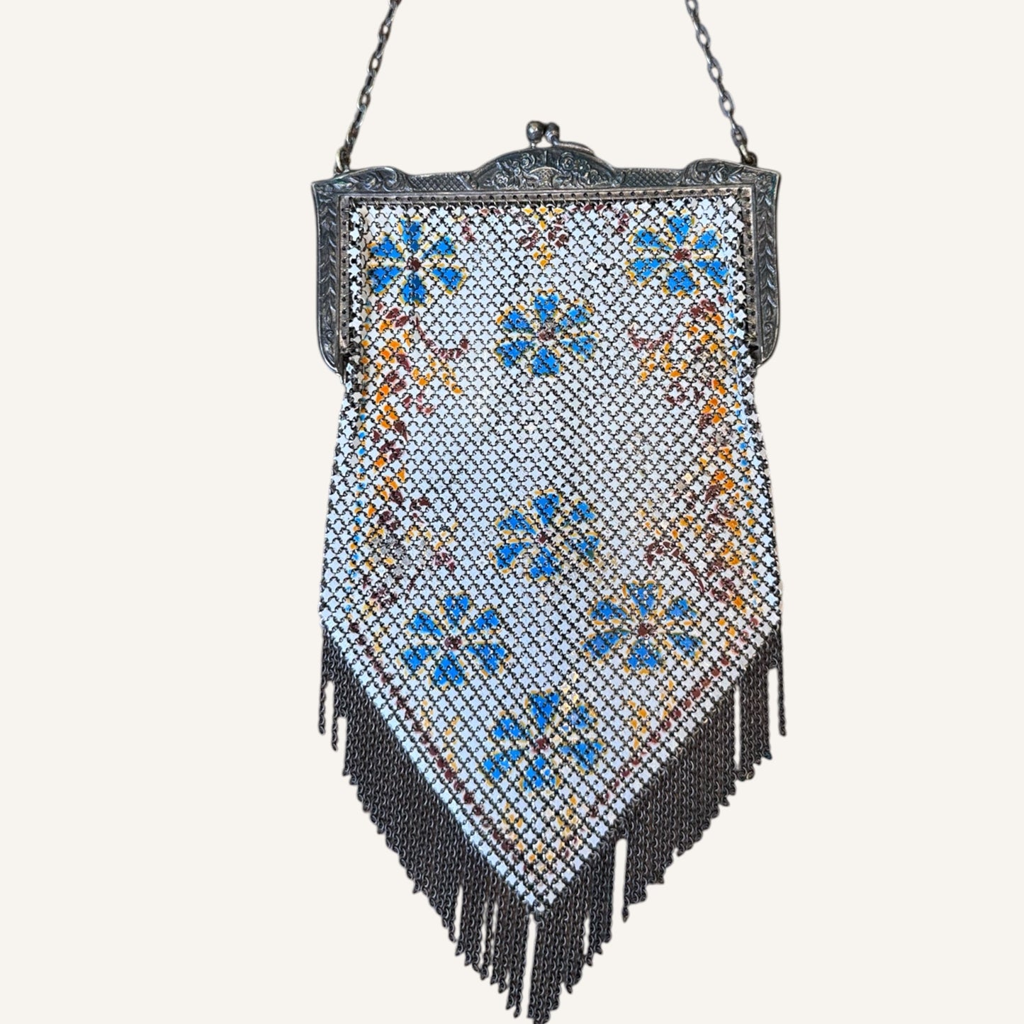 Antique Mandalian Mfg. Co. Enameled Mesh Purse – Hand-Painted Floral Motif with Fringe, Circa 1920s