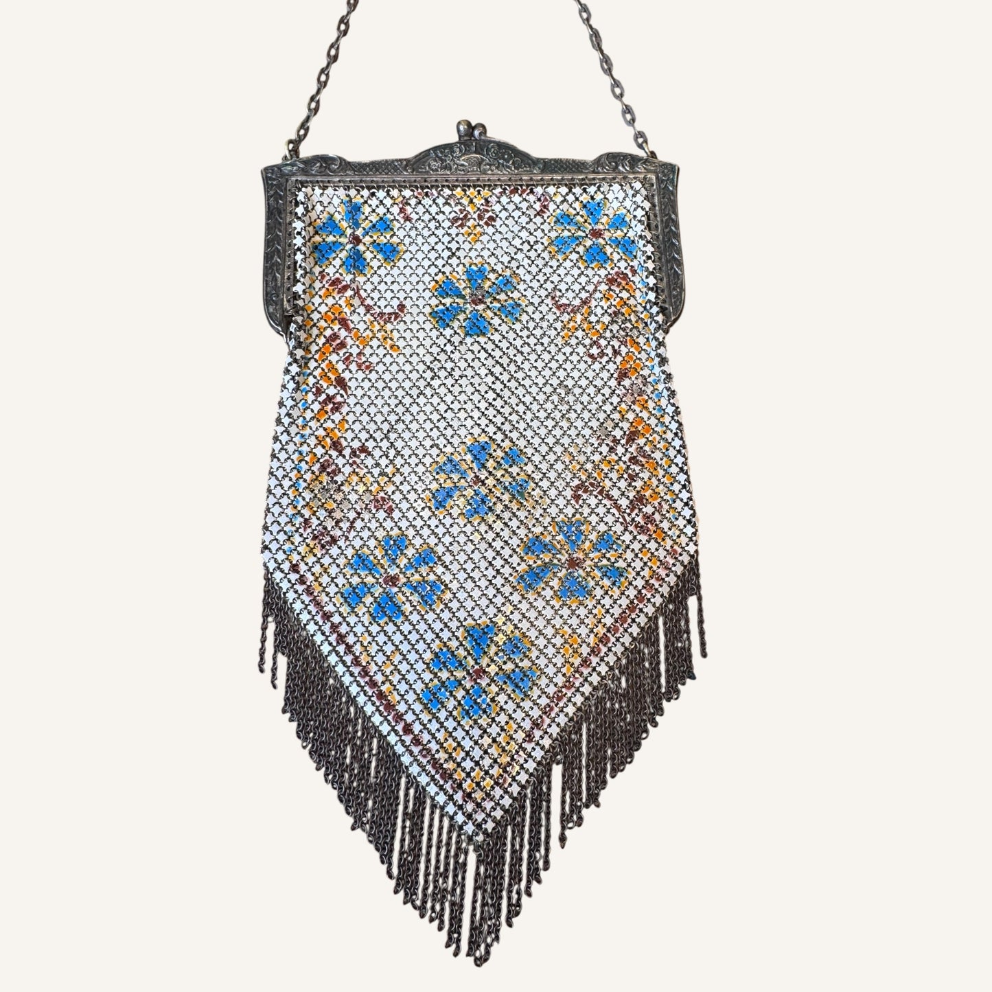 Antique Mandalian Mfg. Co. Enameled Mesh Purse – Hand-Painted Floral Motif with Fringe, Circa 1920s