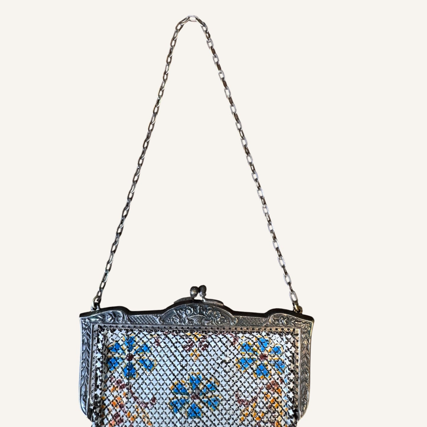 Antique Mandalian Mfg. Co. Enameled Mesh Purse – Hand-Painted Floral Motif with Fringe, Circa 1920s