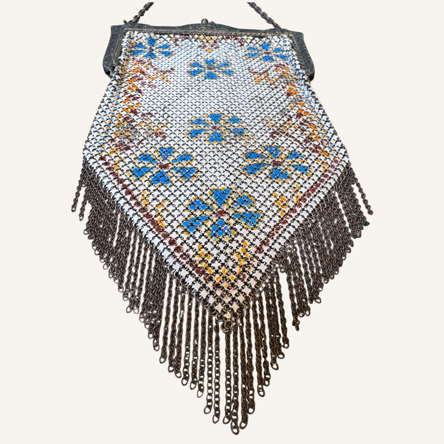 Antique Mandalian Mfg. Co. Enameled Mesh Purse – Hand-Painted Floral Motif with Fringe, Circa 1920s